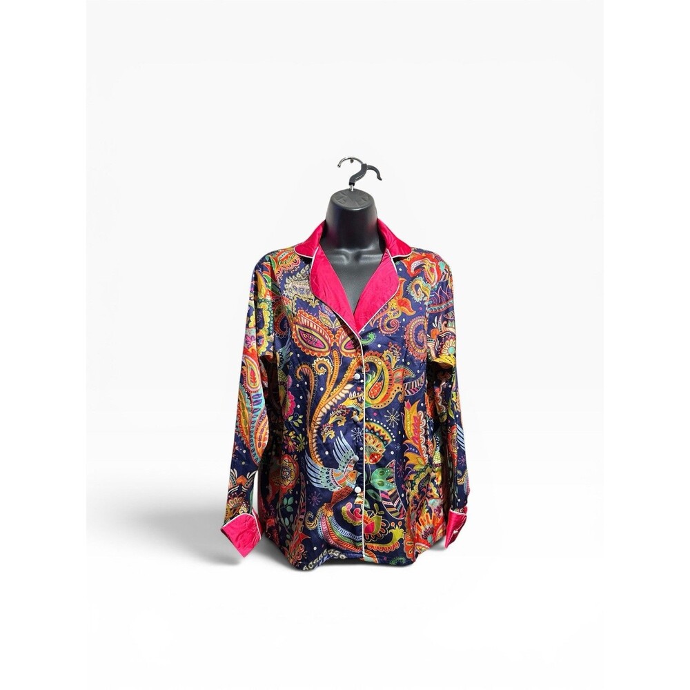 Averie Wild Silky Satin Button Up Top Womens Small Paisley Austere Whimsical Lux